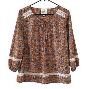 Nurture Dolman Sleeve Printed Lace Trim Peasant Blouse Size Small